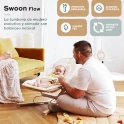 Babymoov Swoon Flow Espreguiçadeira Baloiço Evolutiva | Nascimento aos 18kg | Madeira FSC