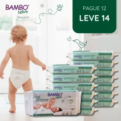 Bambo Nature Pack Económico Toalhitas 12+2 | 14 Embalagens de 50Uni. cada | Sem Perfume p/ Pele Sensível | Plastic-Free