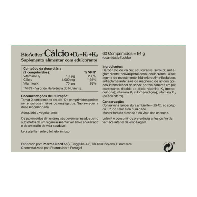 BioActivo Cálcio+D3+K1+K2 60 comprimidos | Suplemento Ossos e Músculos Saudáveis