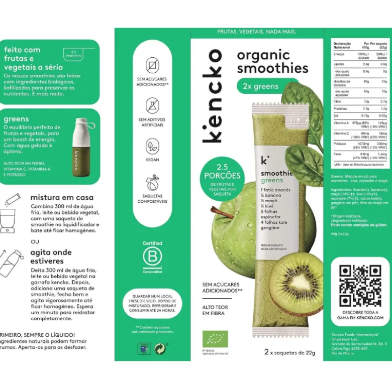 Kencko Smoothie BIO Greens 2x22g | Batido Vitamina C + Fibra