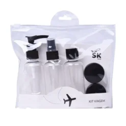 Kit Viagem Preto 5 Peças com Bolsa | Frascos Reutilizáveis 75ml + Boiões 15g