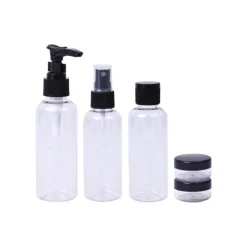 Kit Viagem Preto 5 Peças com Bolsa | Frascos Reutilizáveis 75ml + Boiões 15g