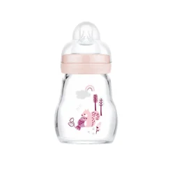 MAM Feel Good Biberão Vidro Rosa 170ml +0M | Fluxo 0 ideal para leite materno com Tetina SkinSoft