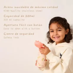 Miniland Garrafa Aço Inox Criança Butterfly 320ml | Abertura por botão, Sistema anti-fugas