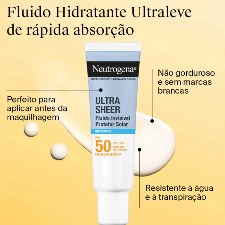 Neutrogena Ultra Sheer Protetor Solar Fluido Invisível Hidratante FPS50 50ml | Ideal para pele normal a seca e sensível