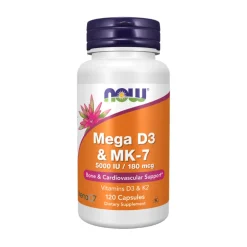 NOW Mega D3 5000 IU + K2 MK-7 60 Caps | Vitamina D3 e K2 para Ossos e Imunidade